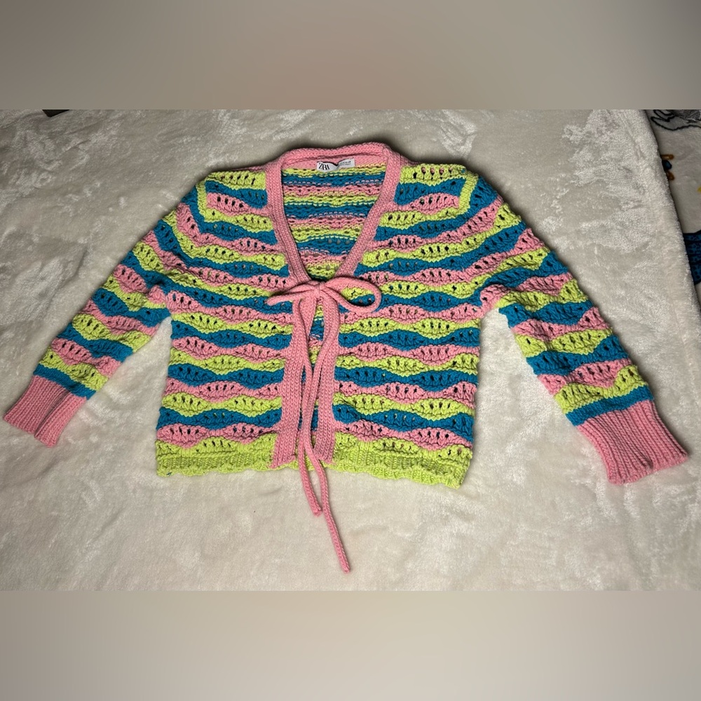 Zara Colorful Striped Sweater with front tie. Size medium